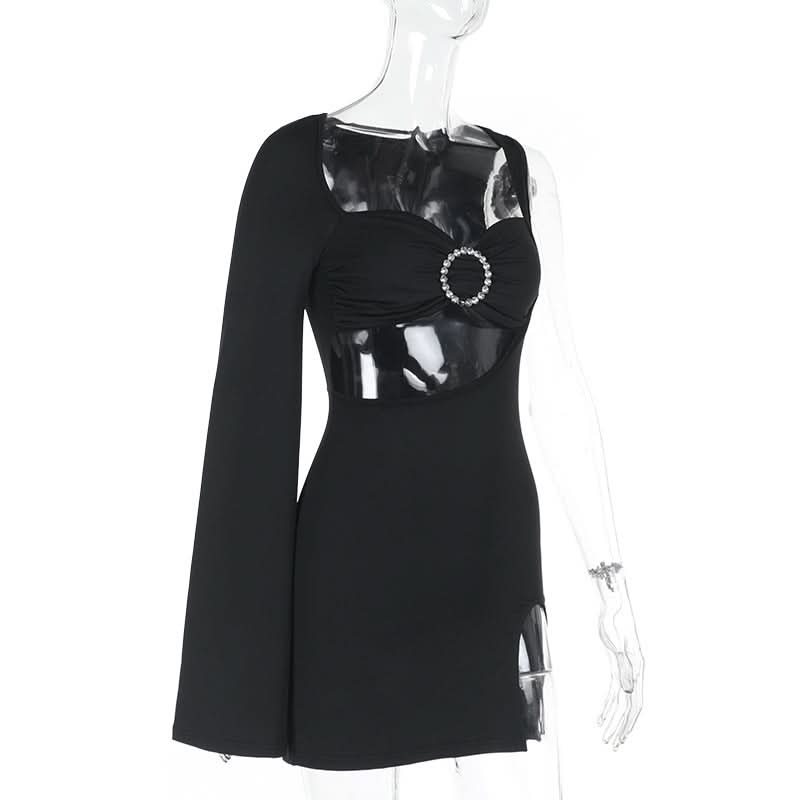 Long sleeve irregular slit hollow out cut out mini dress  | Festival Outfits Women