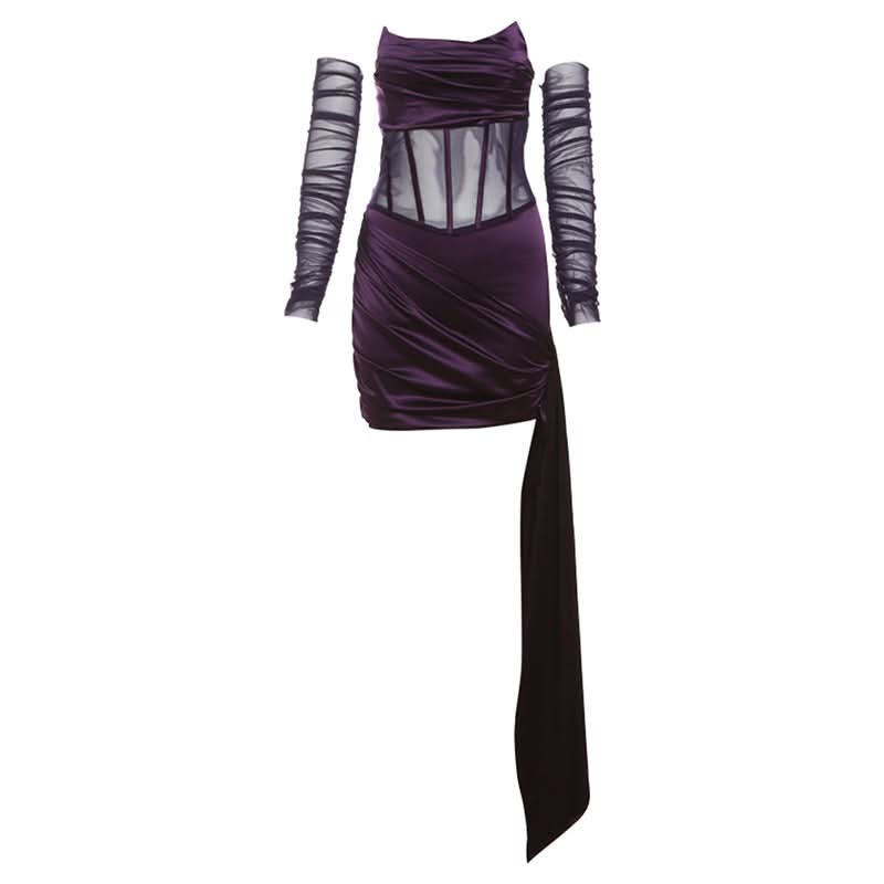 Ruched zip-up mesh corset irregular tube mini dress  | Festival Outfits Women