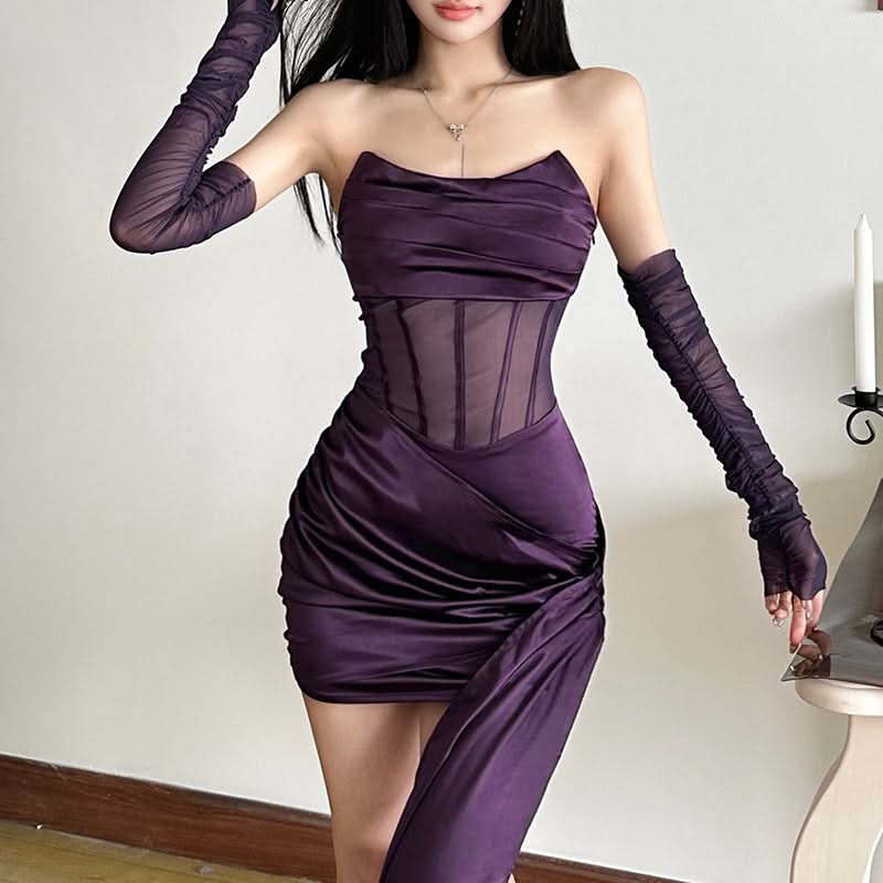 Ruched zip-up mesh corset irregular tube mini dress  | Festival Outfits Women