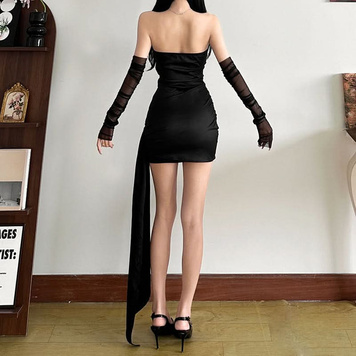 Ruched zip-up mesh corset irregular tube mini dress  | Festival Outfits Women