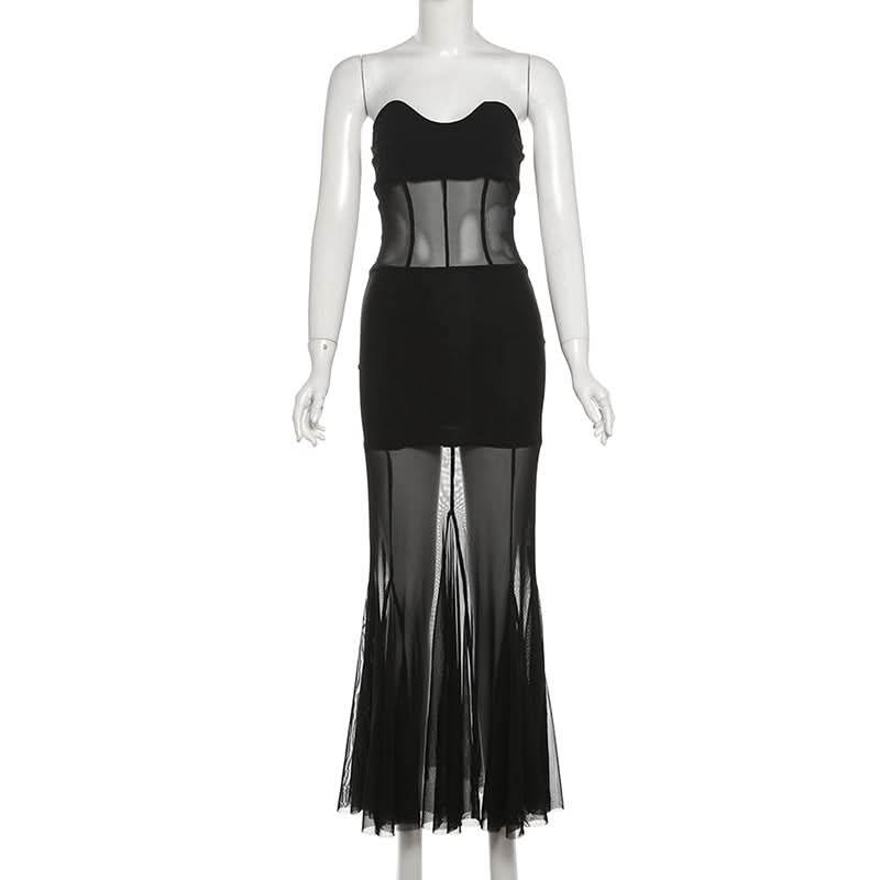 Mesh sweetheart neck solid tube maxi dress  | Festival Outfits Women