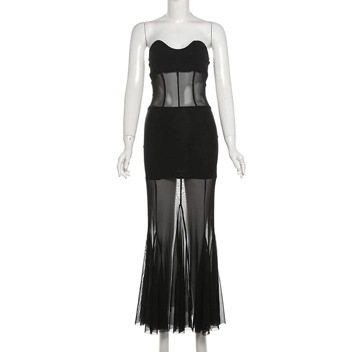 Mesh sweetheart neck solid tube maxi dress  | Festival Outfits Women