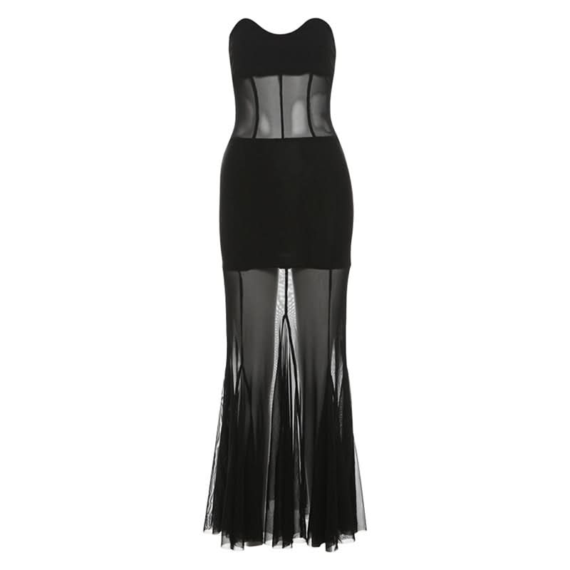 Mesh sweetheart neck solid tube maxi dress  | Festival Outfits Women