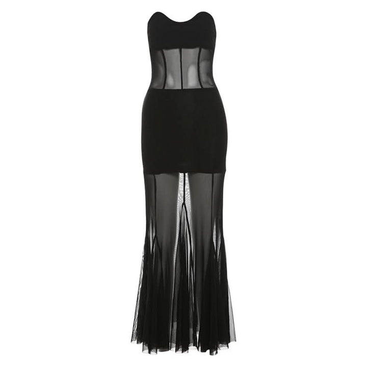 Mesh sweetheart neck solid tube maxi dress  | Festival Outfits Women