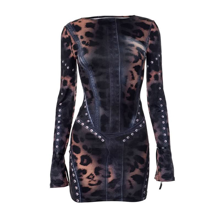 Long sleeve leopard print crewneck mini dress  | Festival Outfits Women  | Leopard Print Mini Dress