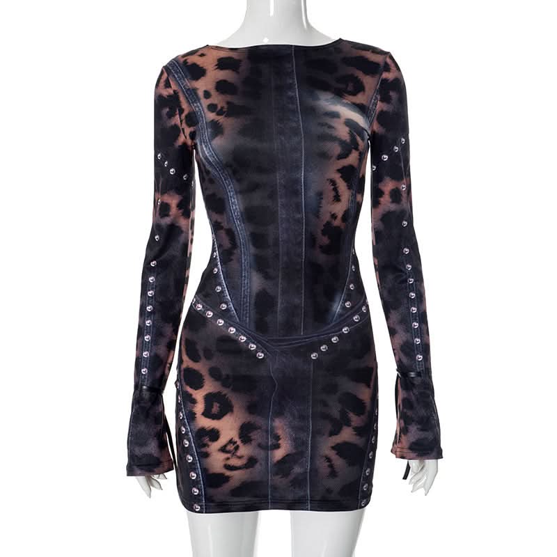 Long sleeve leopard print crewneck mini dress  | Festival Outfits Women  | Leopard Print Mini Dress
