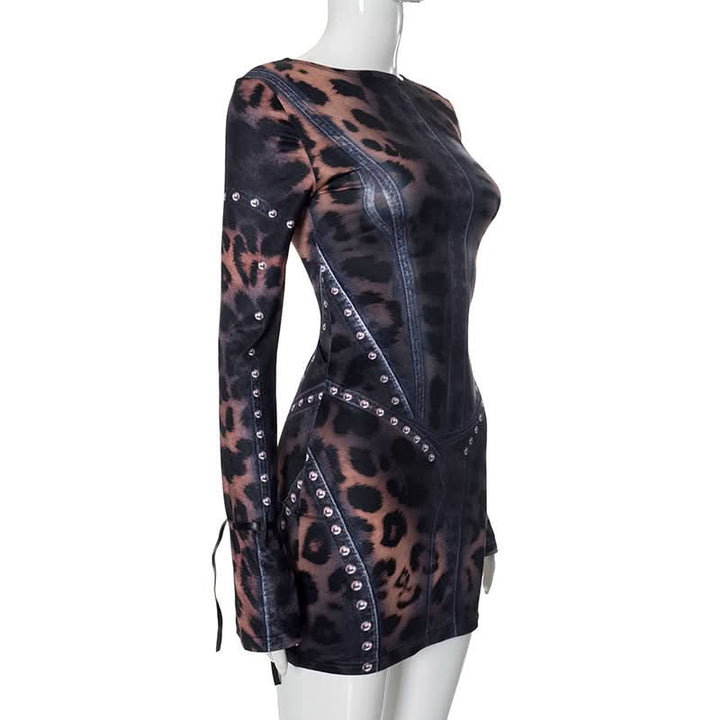 Long sleeve leopard print crewneck mini dress  | Festival Outfits Women  | Leopard Print Mini Dress