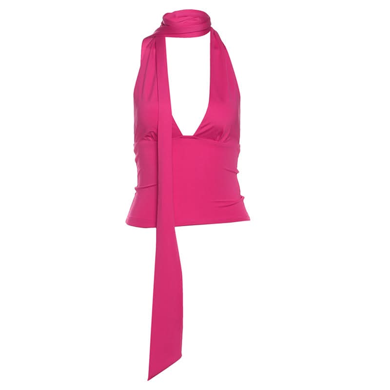 V neck halter backless solid top  | Festival Outfits Women