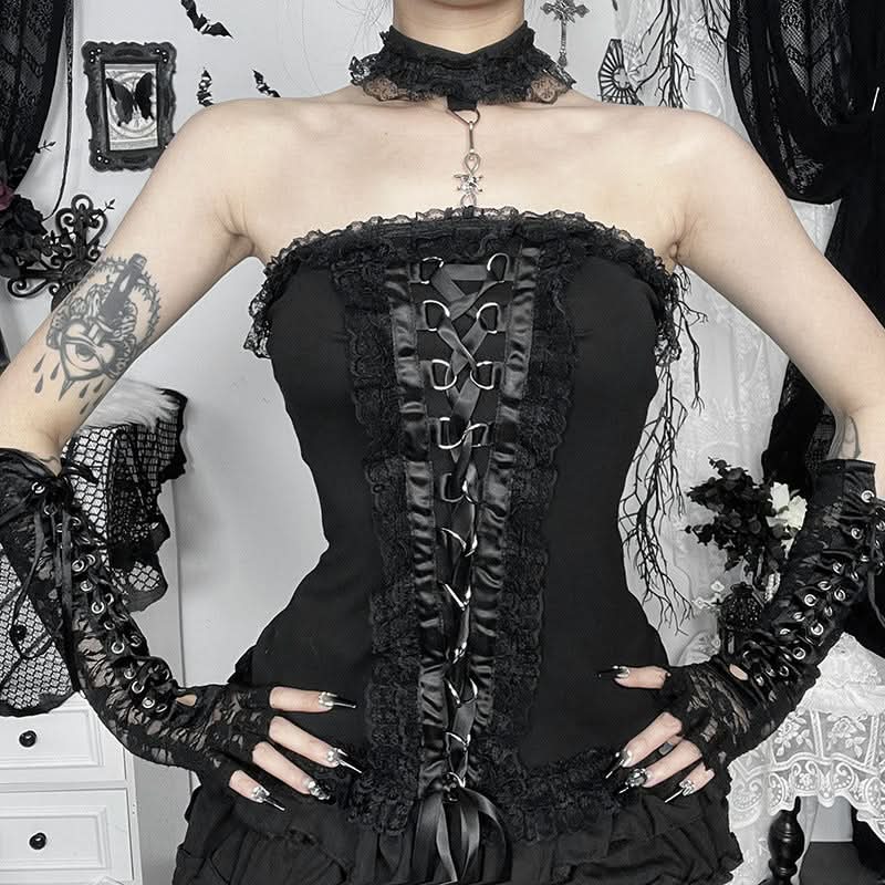 Ruffle halter lace up lace tube top  | Festival Outfits Women