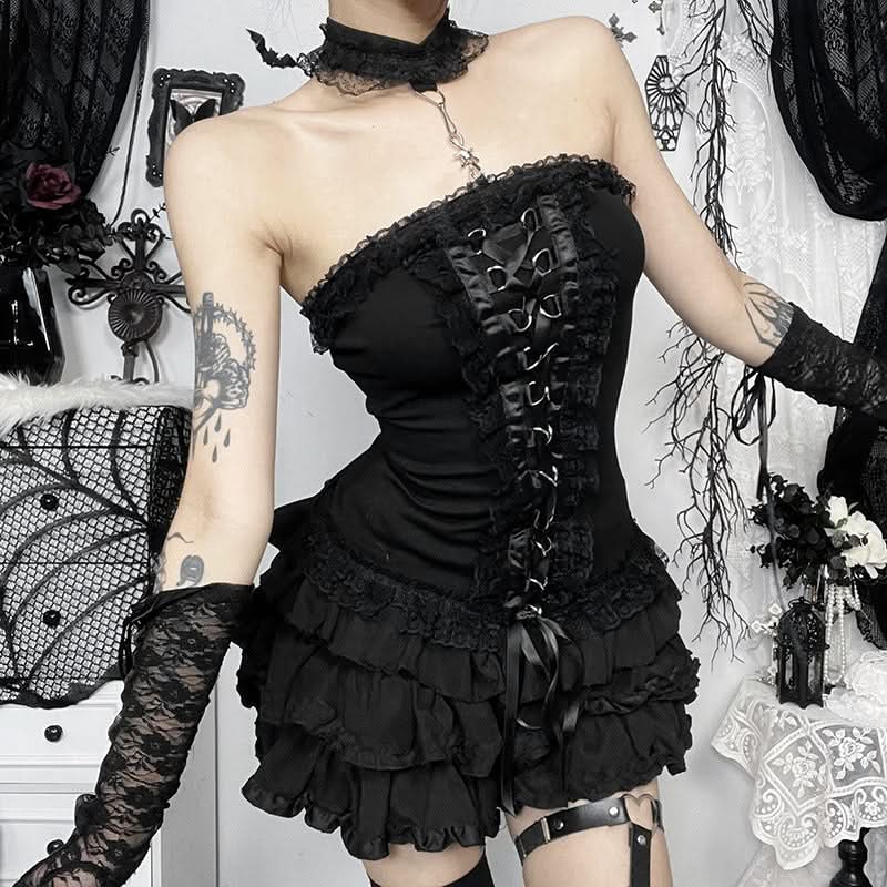 Ruffle halter lace up lace tube top  | Festival Outfits Women