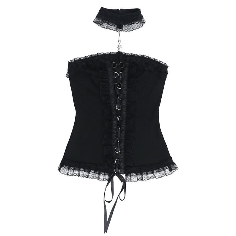 Ruffle halter lace up lace tube top  | Festival Outfits Women