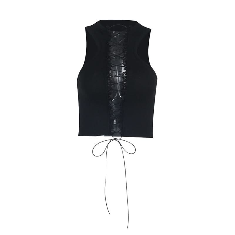 Lace up hollow out ruffle solid crop cut out top  | Festival Outfits Women
