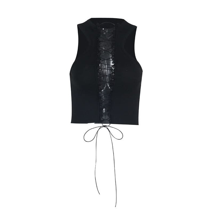 Lace up hollow out ruffle solid crop cut out top  | Festival Outfits Women
