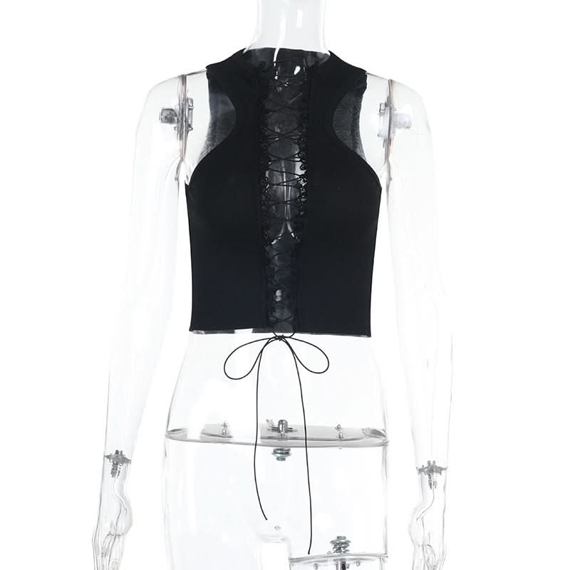 Lace up hollow out ruffle solid crop cut out top  | Festival Outfits Women