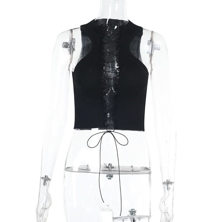 Lace up hollow out ruffle solid crop cut out top  | Festival Outfits Women