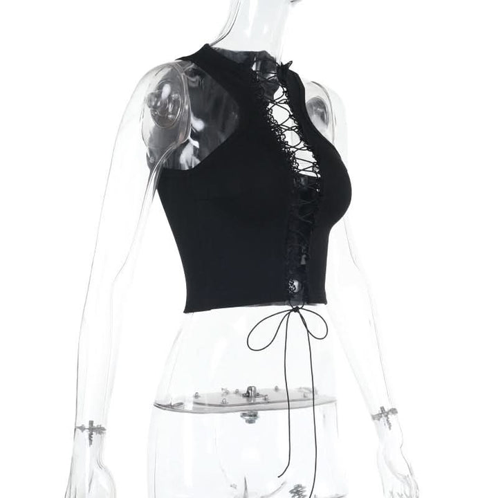 Lace up hollow out ruffle solid crop cut out top  | Festival Outfits Women