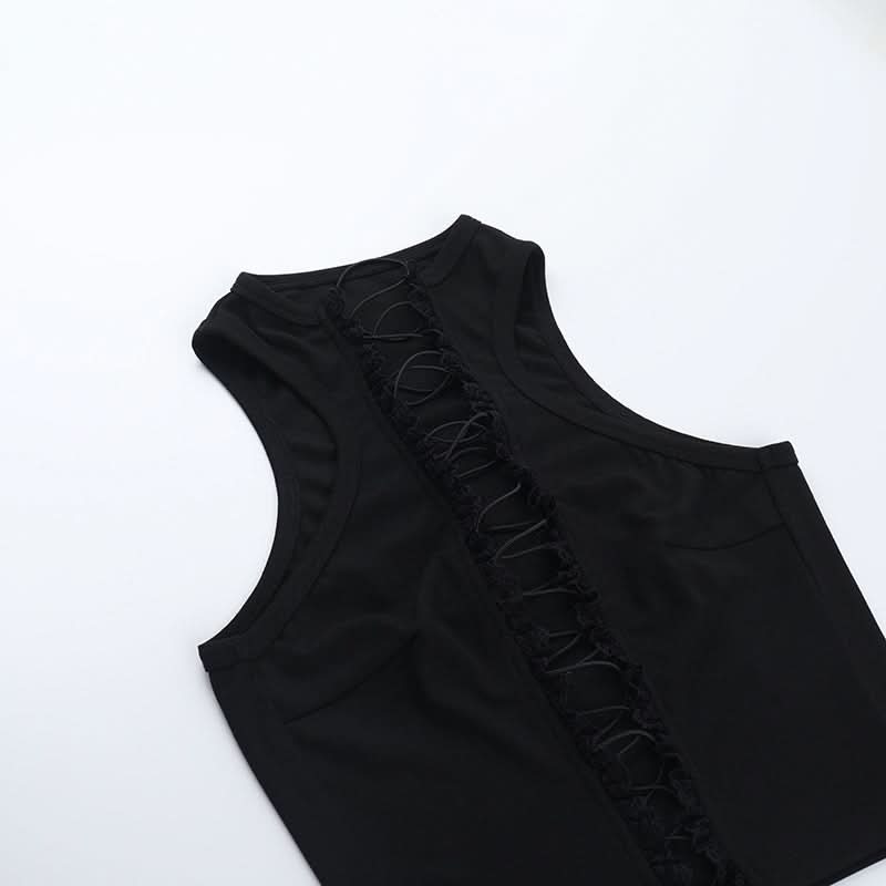 Lace up hollow out ruffle solid crop cut out top  | Festival Outfits Women
