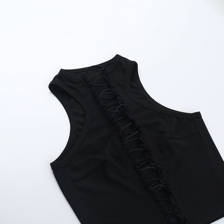Lace up hollow out ruffle solid crop cut out top  | Festival Outfits Women