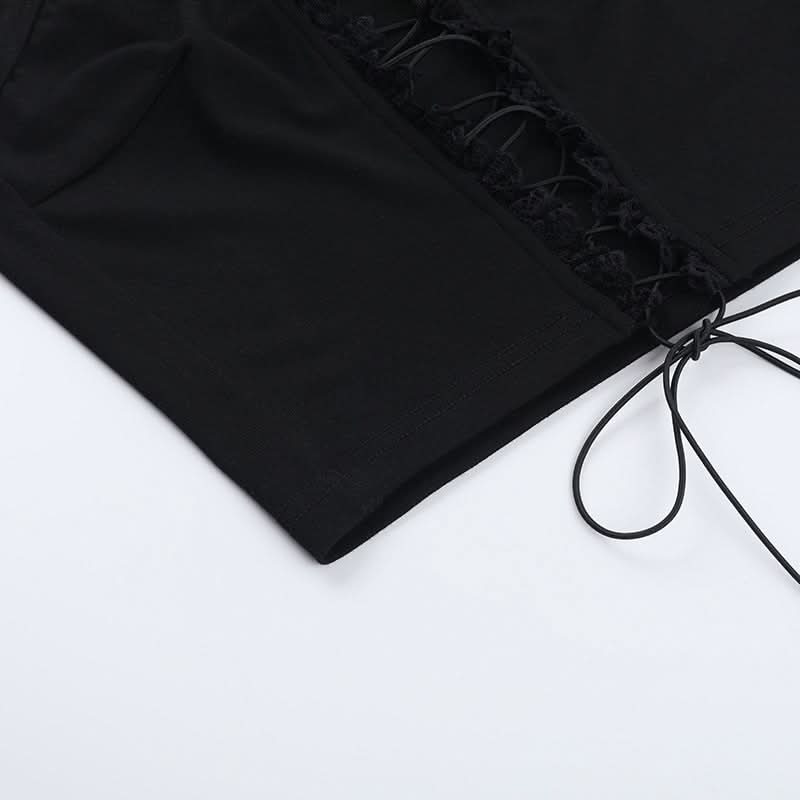 Lace up hollow out ruffle solid crop cut out top  | Festival Outfits Women