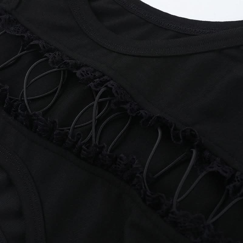 Lace up hollow out ruffle solid crop cut out top  | Festival Outfits Women