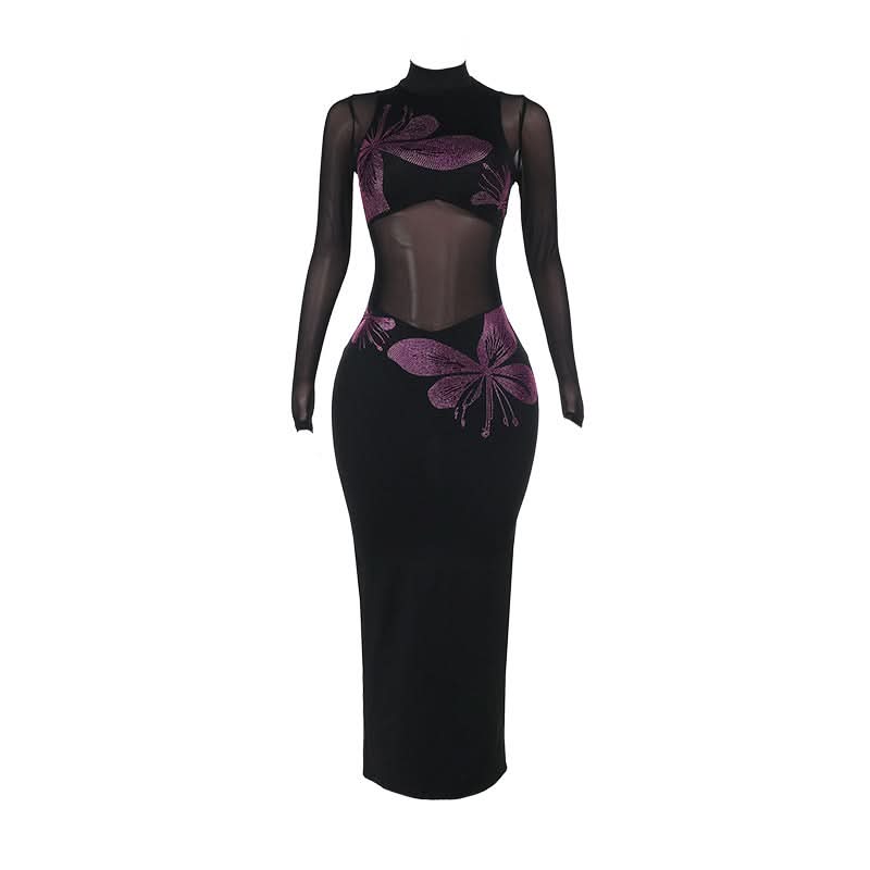 Long sleeve high neck beaded mesh slit midi dress  | Festival Outfits Women