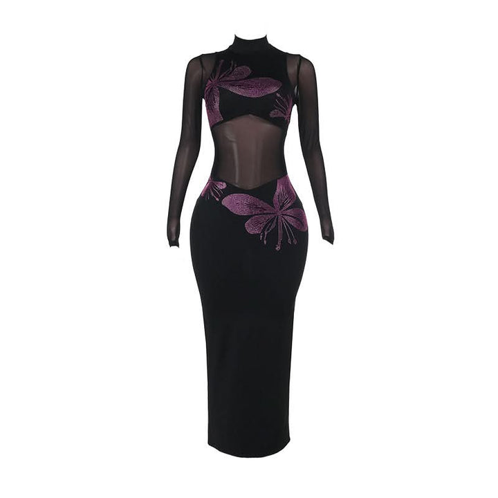 Long sleeve high neck beaded mesh slit midi dress  | Festival Outfits Women