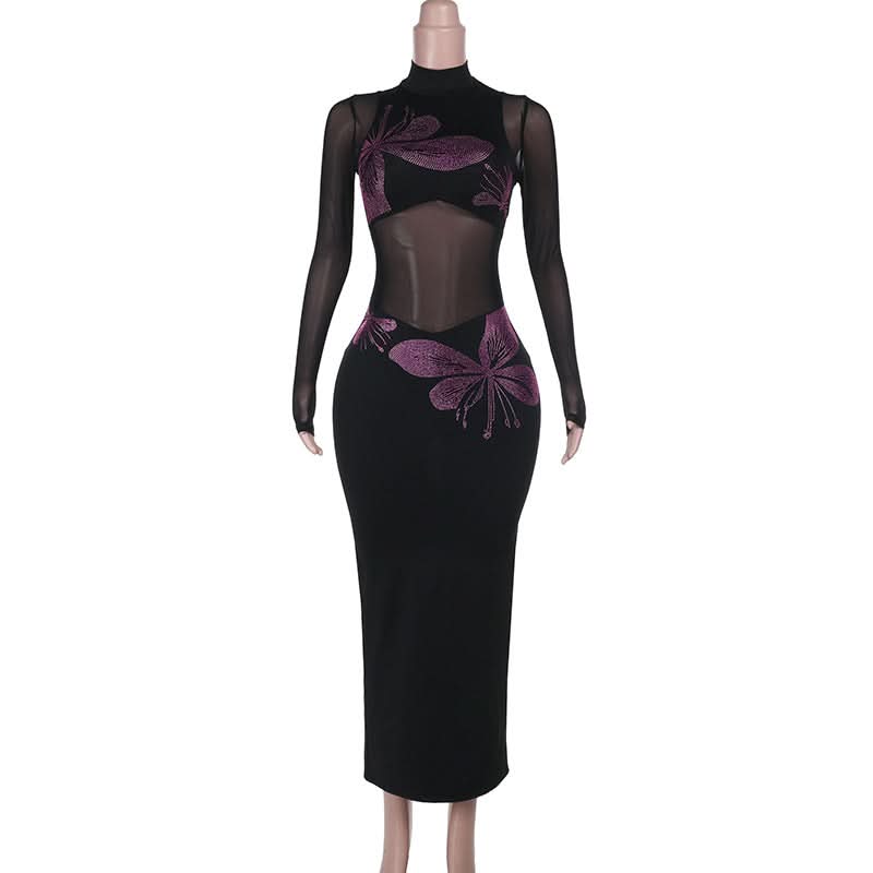 Long sleeve high neck beaded mesh slit midi dress  | Festival Outfits Women