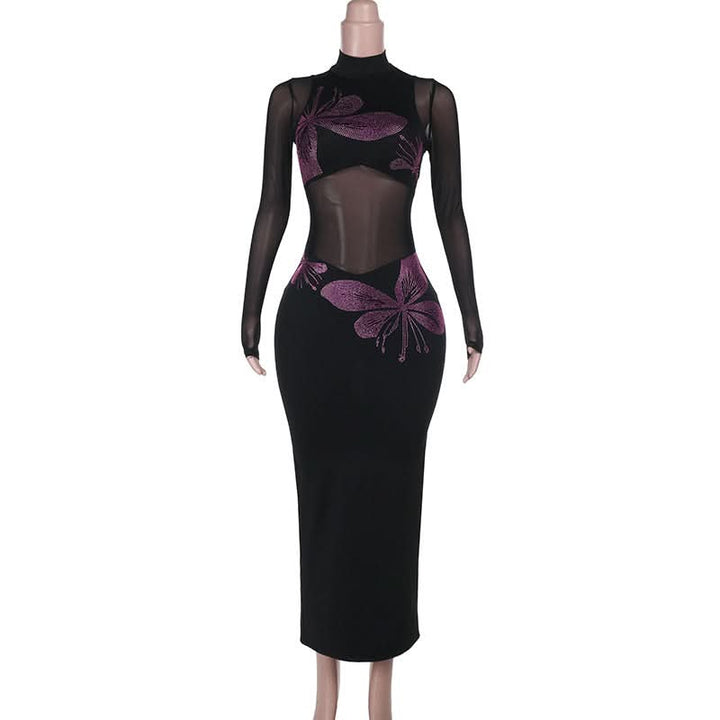 Long sleeve high neck beaded mesh slit midi dress  | Festival Outfits Women