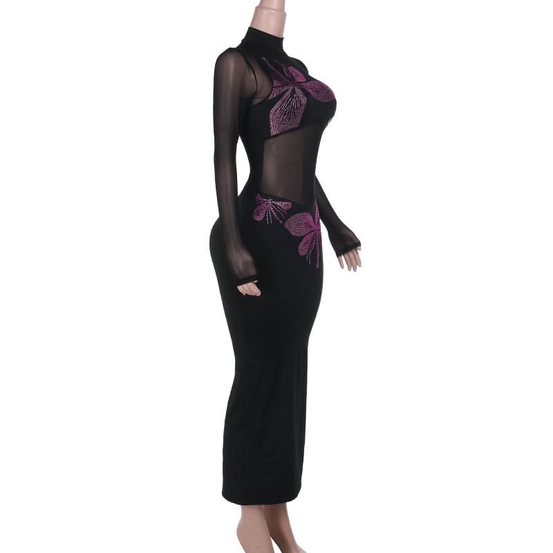 Long sleeve high neck beaded mesh slit midi dress  | Festival Outfits Women