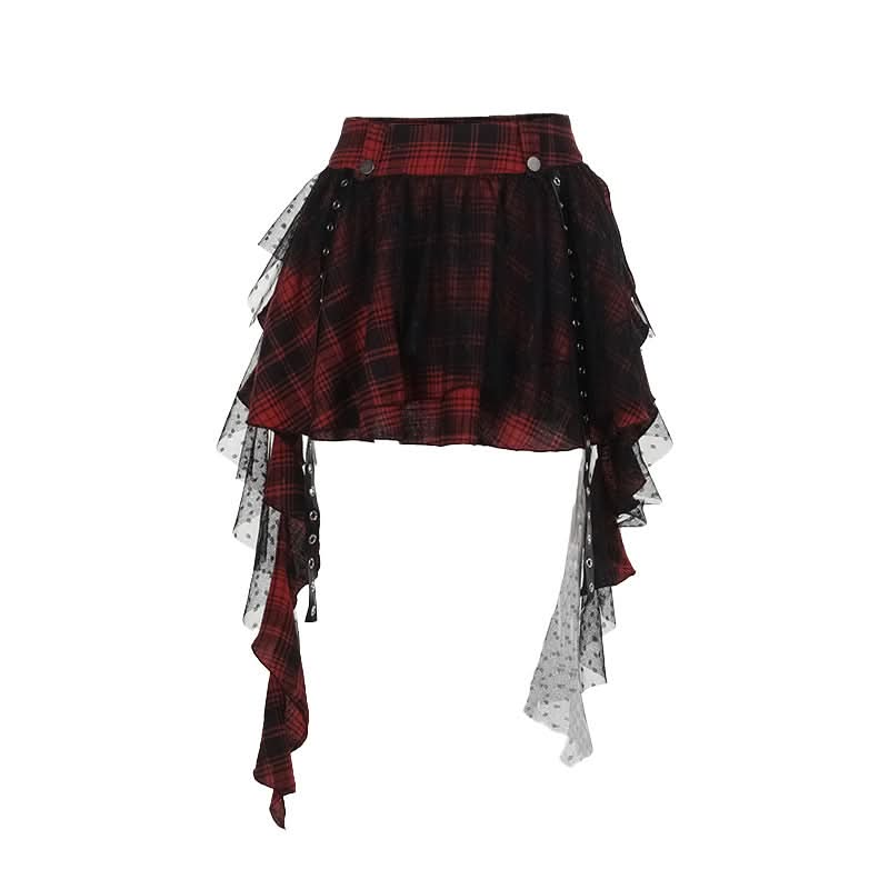Plaid mesh irregular zip-up A line mini skirt  | Festival Outfits Women