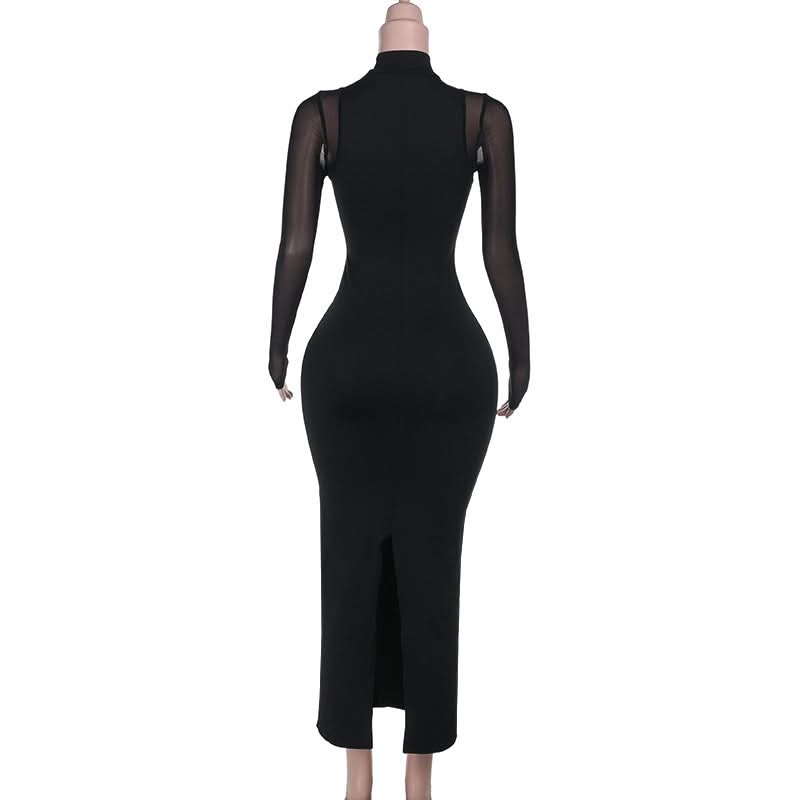 Long sleeve high neck beaded mesh slit midi dress  | Festival Outfits Women