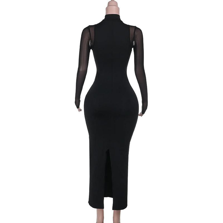 Long sleeve high neck beaded mesh slit midi dress  | Festival Outfits Women