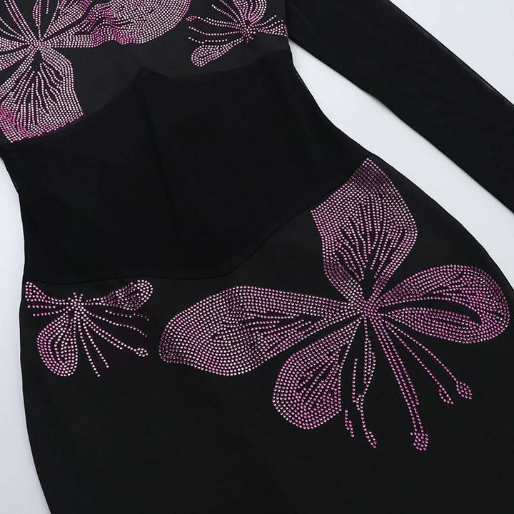 Long sleeve high neck beaded mesh slit midi dress  | Festival Outfits Women