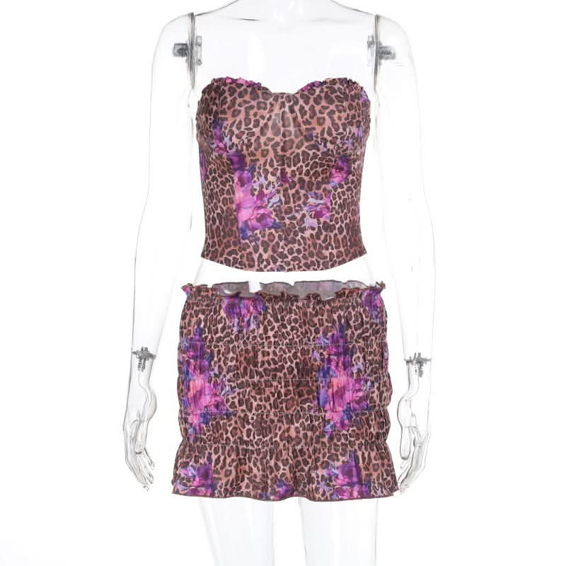 Leopard print ruched sweetheart neck tube mini skirt set-final-sale  | Festival Outfits Women  | Leopard Print Mini Dress