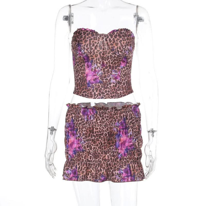 Leopard print ruched sweetheart neck tube mini skirt set-final-sale  | Festival Outfits Women  | Leopard Print Mini Dress