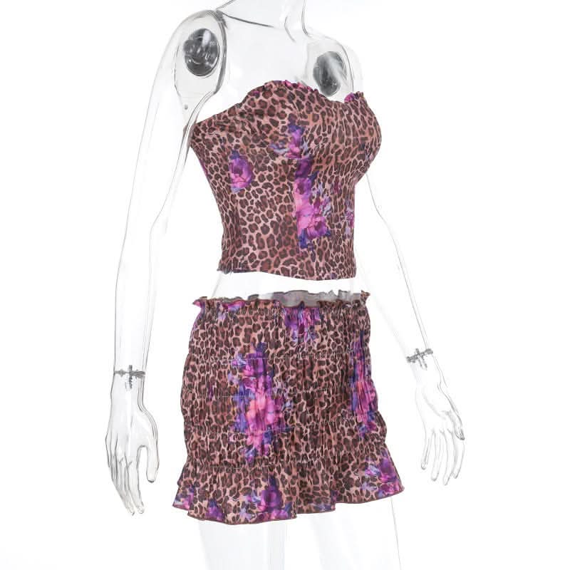 Leopard print ruched sweetheart neck tube mini skirt set-final-sale  | Festival Outfits Women  | Leopard Print Mini Dress