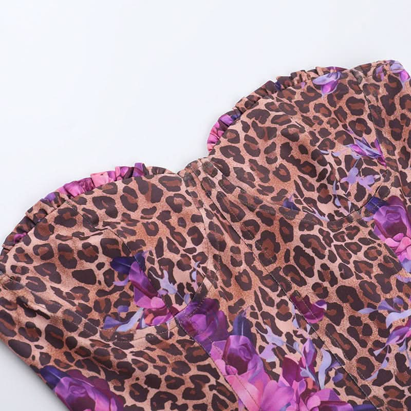 Leopard print ruched sweetheart neck tube mini skirt set-final-sale  | Festival Outfits Women  | Leopard Print Mini Dress
