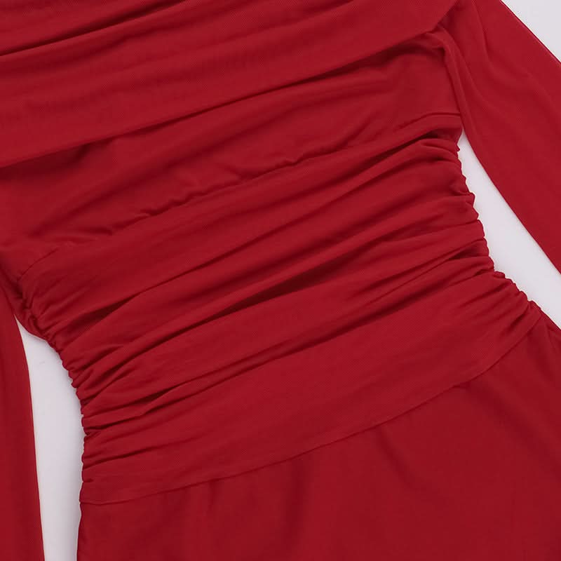 Off shoulder long sleeve slit mesh ruched mini dress  | Festival Outfits Women