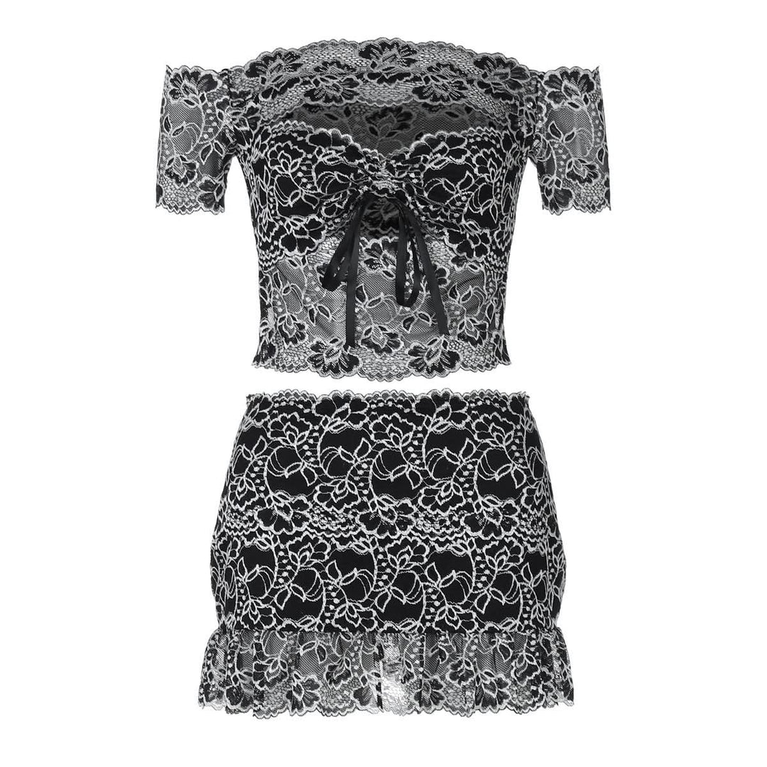 Off shoulder hollow out lace mini skirt set  | Festival Outfits Women-final-sale