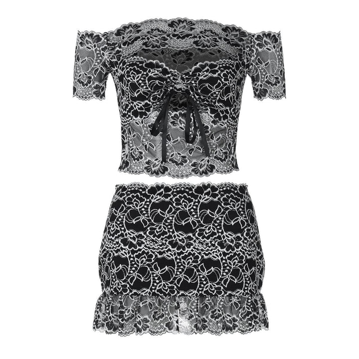 Off shoulder hollow out lace mini skirt set  | Festival Outfits Women-final-sale