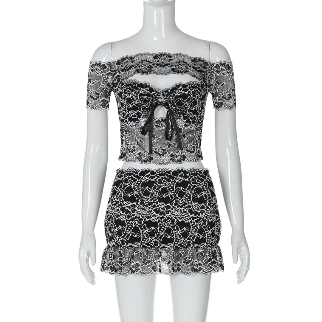 Off shoulder hollow out lace mini skirt set  | Festival Outfits Women-final-sale