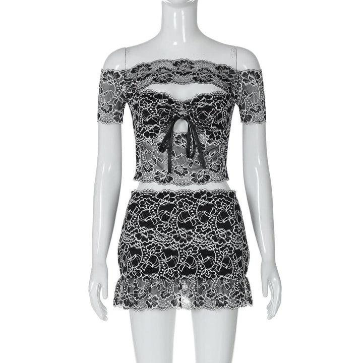 Off shoulder hollow out lace mini skirt set  | Festival Outfits Women-final-sale