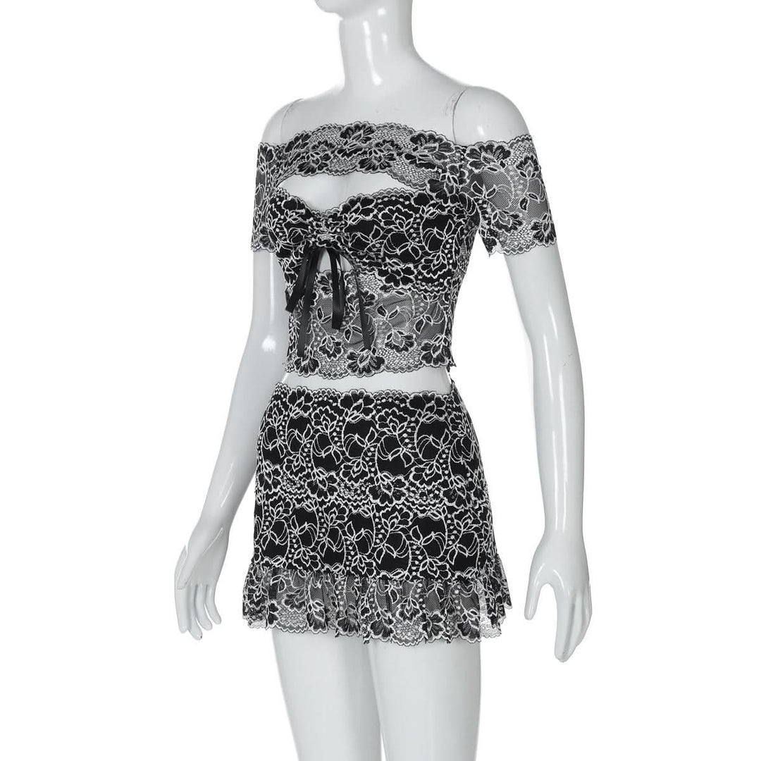 Off shoulder hollow out lace mini skirt set  | Festival Outfits Women-final-sale