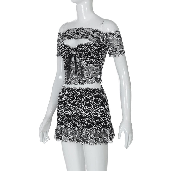Off shoulder hollow out lace mini skirt set  | Festival Outfits Women-final-sale