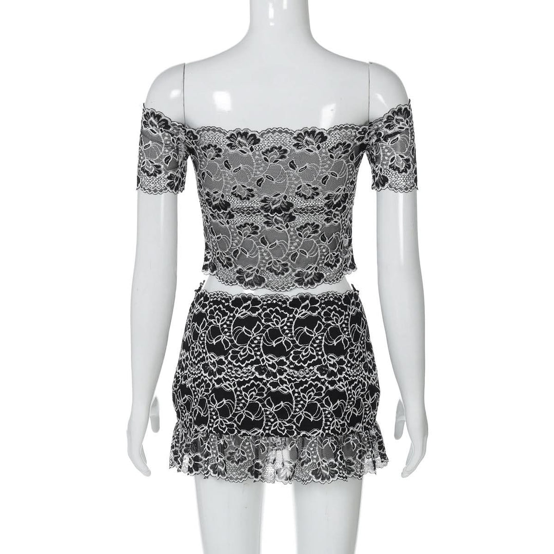 Off shoulder hollow out lace mini skirt set  | Festival Outfits Women-final-sale