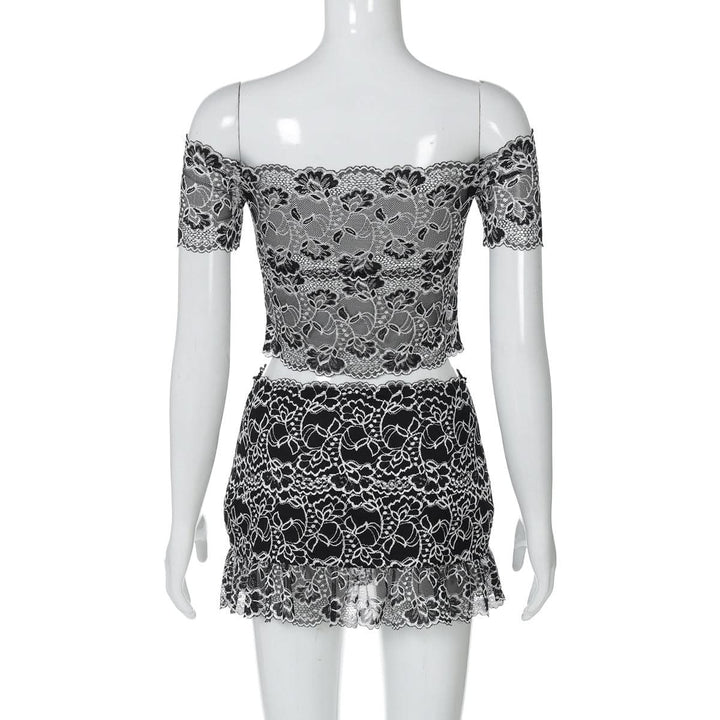 Off shoulder hollow out lace mini skirt set  | Festival Outfits Women-final-sale