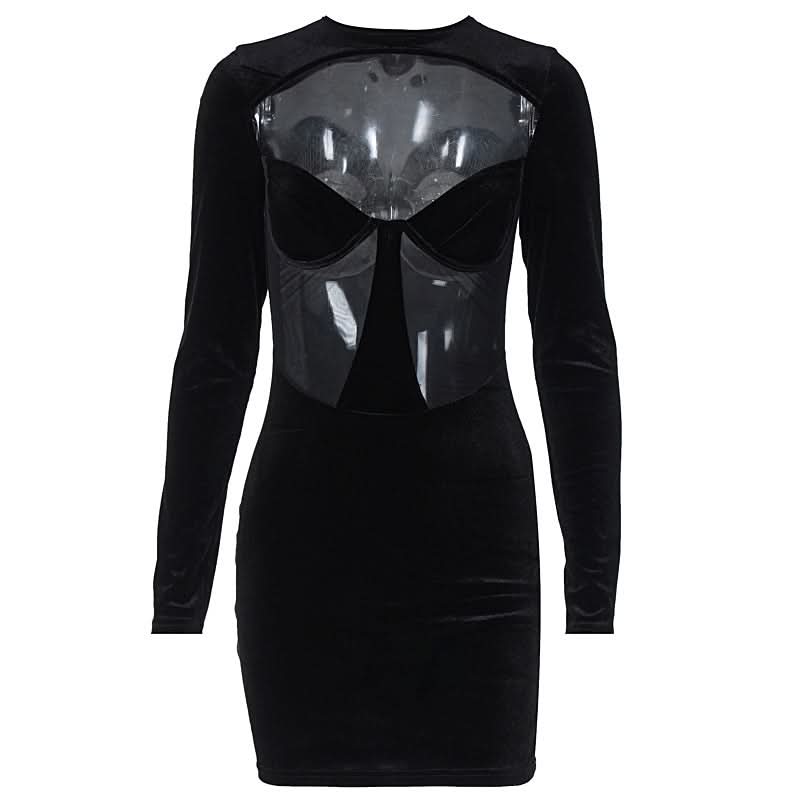 Long sleeve hollow out velvet cut out mini dress  | Festival Outfits Women