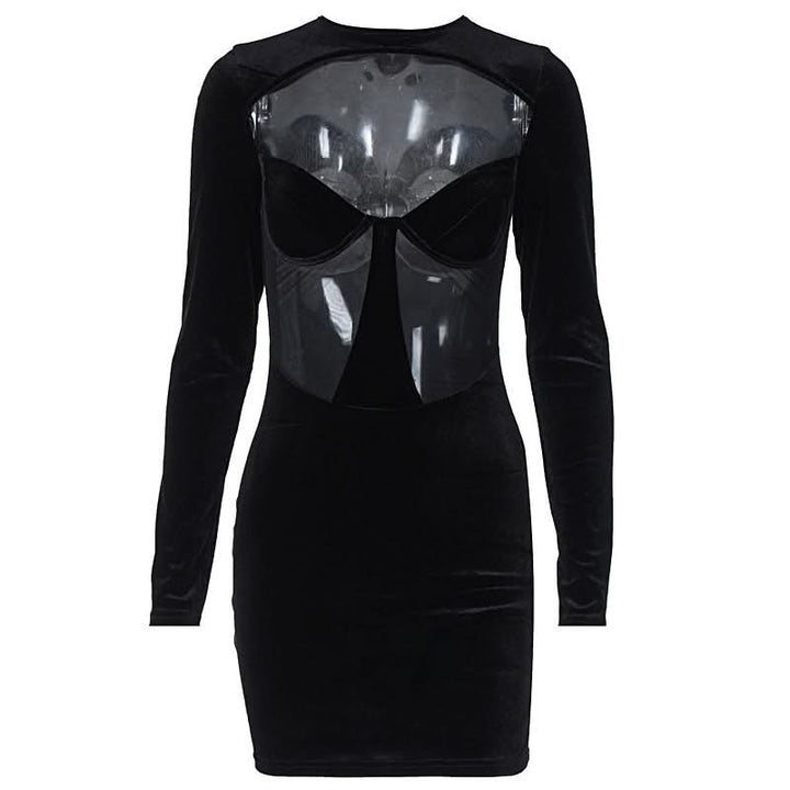 Long sleeve hollow out velvet cut out mini dress  | Festival Outfits Women