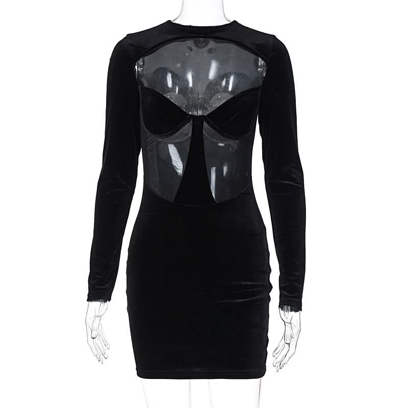 Long sleeve hollow out velvet cut out mini dress  | Festival Outfits Women