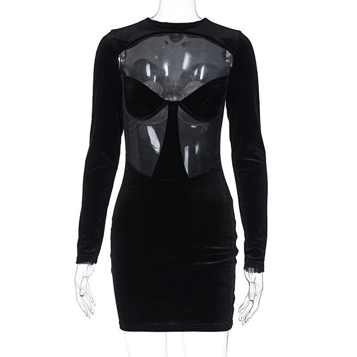 Long sleeve hollow out velvet cut out mini dress  | Festival Outfits Women